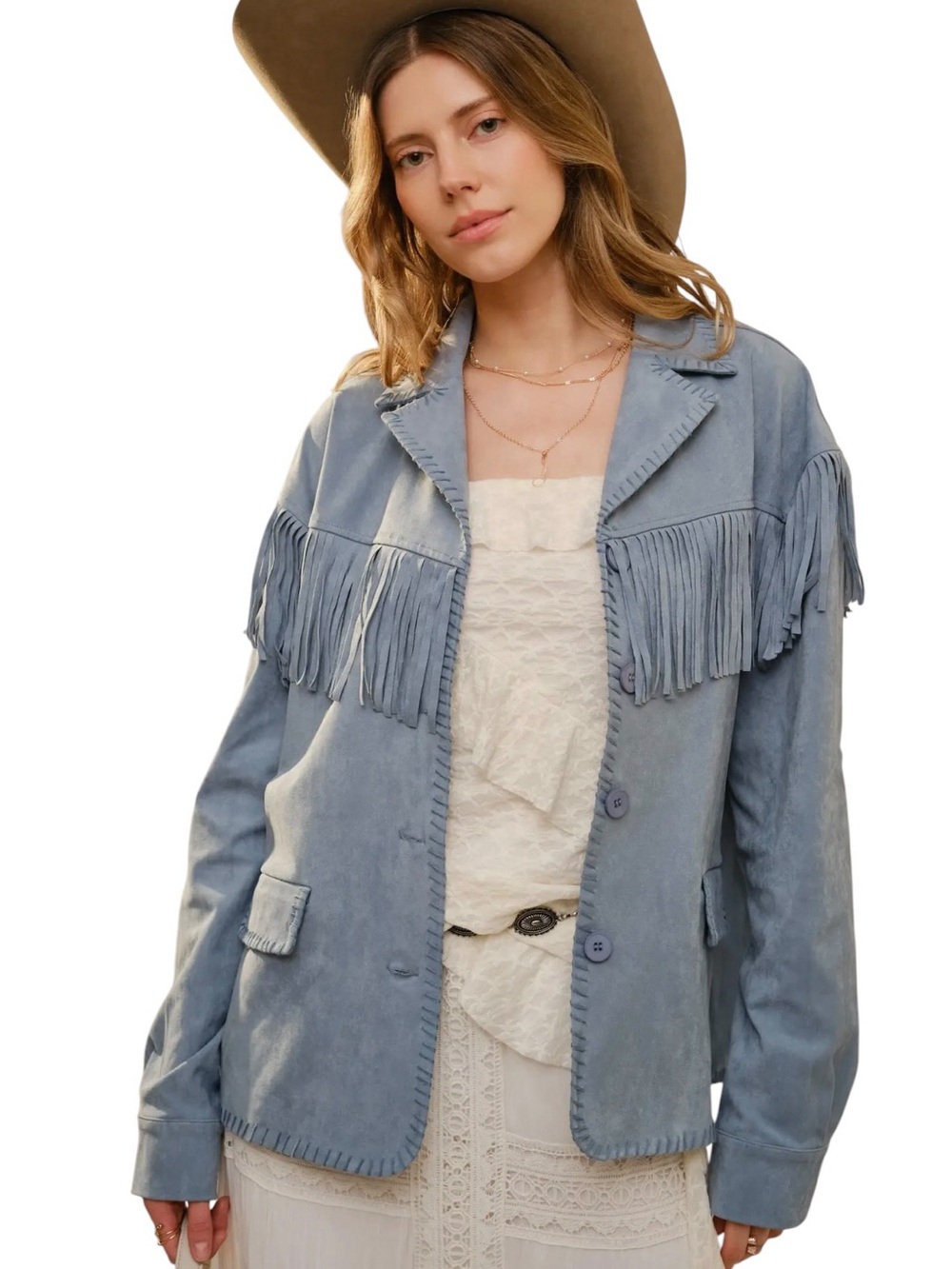 New blue b Pastel Fringe Trim Whipstitch Faux Suede Western Cowgirl Comfy Jacket